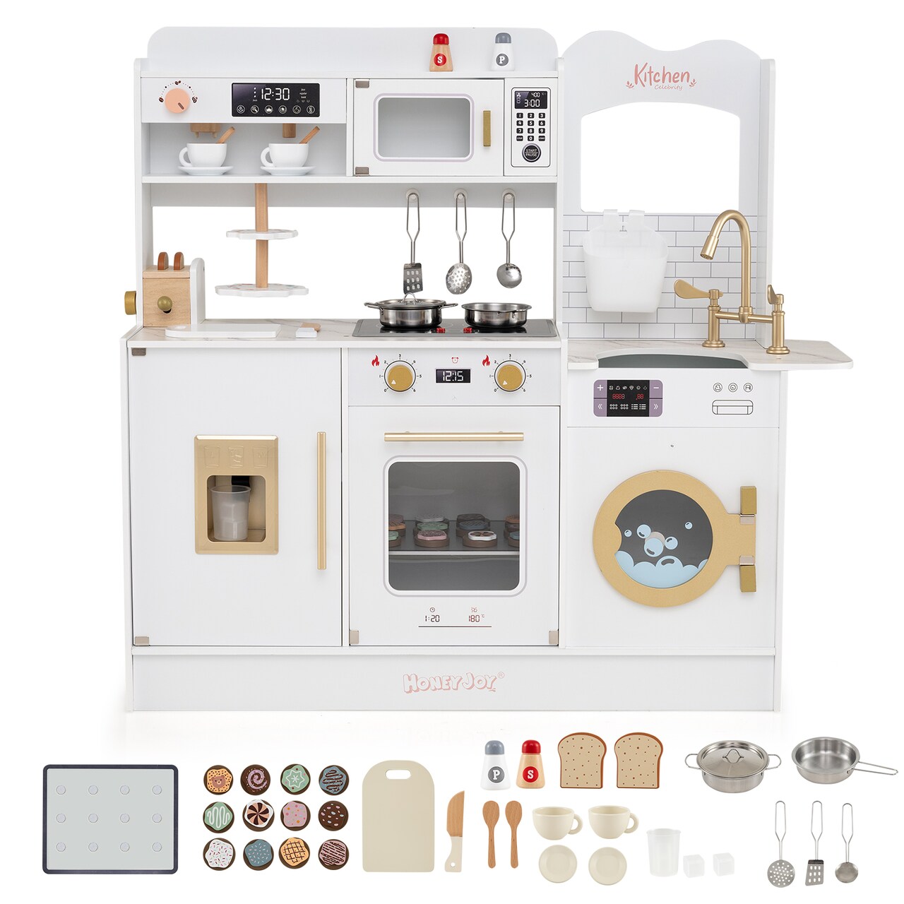 Kids Play Kitchen Wooden Pretend Cooking Set with Lights Sounds Accessories